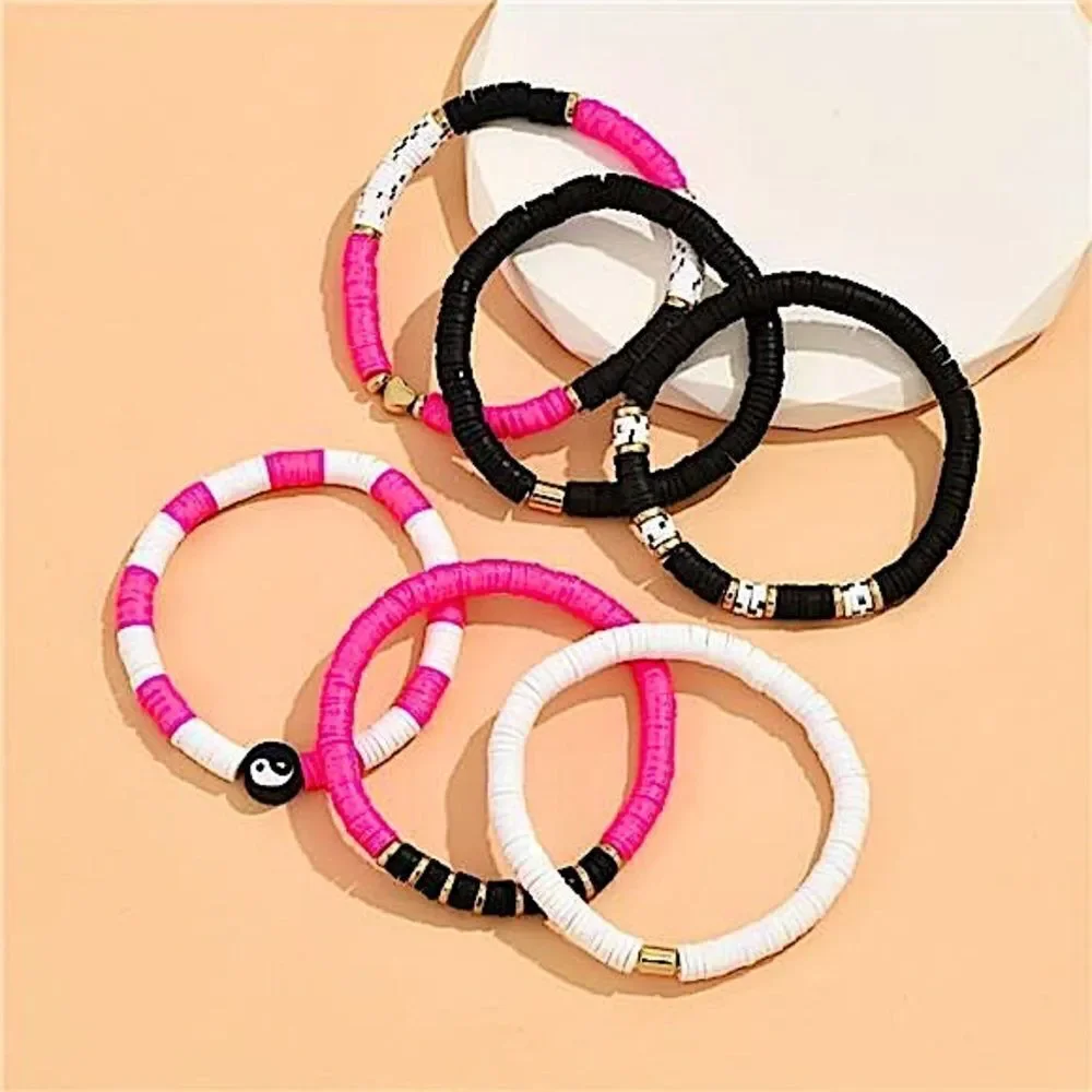 Boho Yin Yang Heishi Bead Bracelet Stack Pink Black White Gold Clay Disk Jewelry